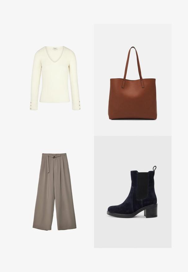 Vit ribbad V-ringad tröja med långa ärmar och guldknappdetaljer vid ärmsluten. Mjuk textur och figurnära design.; Breda byxor i ett mjukt, dämpat grått tyg, med belagd midja och veck för extra designdetaljer. Slät textur, inga mönster.; Marinblå mocka ankelstövel med elastisk sidopanel, rund tå och klossklack. Textil med struktur och slät sula ger kontrast.; Brun läder tote-väska med en slät textur, öppen toppdesign och två axelremmar. Har minimal söm och ingen synlig metalldetalj.