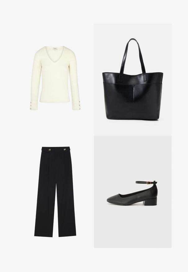 Hvit ribbestrikket V-hals genser med lange ermer og gullknappdetaljer på mansjettene. Myk tekstur og tettsittende design.; Svart vide bukser med høy midje, knappdetaljer på midjebåndet og frontplisser.; Sorte skinnpumper med spiss tå og lav blokkhelt. Har ankelrem med gullfarget spenne. Glatt tekstur.; Svart lær toteveske med to lange håndtak, en glatt tekstur og en strukturert form. Har en frontlomme for ekstra oppbevaring.