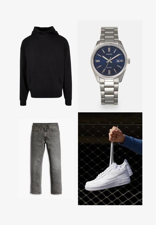 Fekete, kapucnis pulóver puha anyagból, kenguru zsebbel, bordás mandzsettákkal és laza fazonnal. Simaszerkezet, minimalista design.; Szürke farmernadrág, egyenes szárú szabással, öt zsebes dizájnnal és sárgar réz hardverrel a záráshoz és díszítéshez. Látható kopott hatás.; Fehér bőr sportcipők perforációval, kerek orral, lapos talppal és vastag fűzőkkel, látható swoosh logóval és "AIR" felirattal a sarokrészen.; Ezüst színű rozsdamentes acél karóránk sötétkék számlapja van, fém óraszámlálókkal és egy dátumablakkal a 3 órás pozícióban. 50 méterig vízálló.