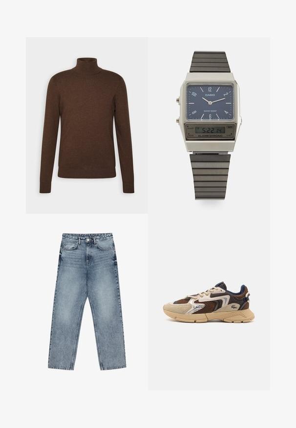 Brown turtleneck sweater made of soft material, featuring long sleeves, a fitted design, and ribbed collar and hem accents.; Light blue denim jeans with a straight leg cut, visible stitching, five pocket design, and a button closure at the waist.; Beige and brown sneaker with textured mesh panels, suede accents, and a rubber sole. Features lace-up design and branded detailing.; Casio digital watch with a blue dial, silver case, and layered black rubber strap. Displays time and alarm settings. Water resistant.