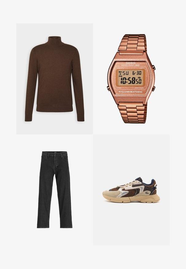 Pull à col roulé marron en matériau doux, avec des manches longues, un design ajusté et des accents en bord côtelé au col et à l'ourlet.; Jean en denim noir avec une coupe droite, dotée d'une fermeture éclair, de passants de ceinture et de six poches, confectionnée dans un tissu en coton robuste.; Sneaker beige et marron avec des panneaux en maille texturée, des accents en daim et une semelle en caoutchouc. Présente un design à lacets et des détails de marque.; Montre digitale Casio avec un bracelet en métal rose doré, un boîtier rectangulaire, un écran éclairé et une résistance à l'eau, affichant l'heure et la date.