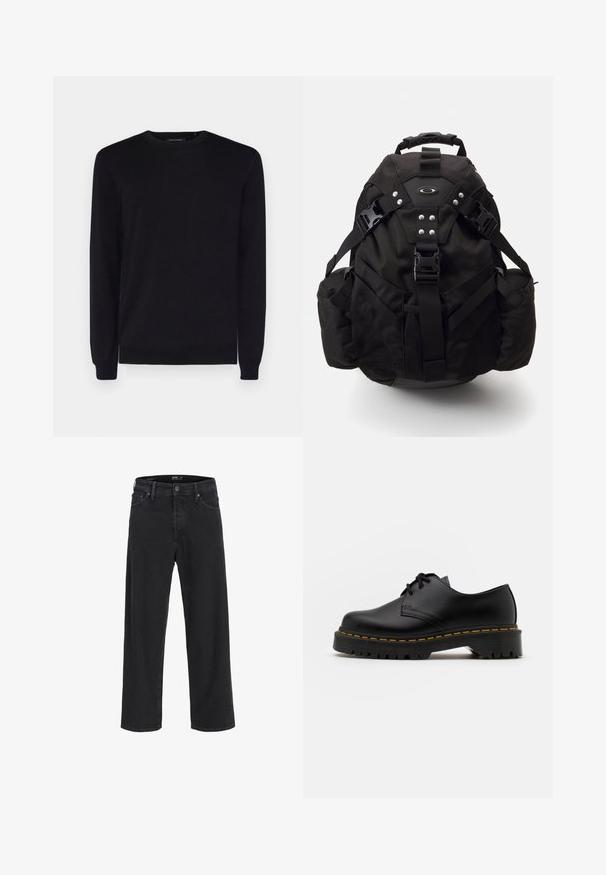 Juodas apvalios iškirptės megztinis, pagamintas iš lygios medžiagos, su ilgomis rankovėmis ir riebiais rankogaliais bei apatine kraštine. Klasikinis dizainas, minimalus detalizavimas.; Juodos tiesios kojų džinsinės kelnės su mygtuku ir užtrauktuku, diržo kilpos, taip pat priekinės ir galinės kišenės.; Juoda odinė lakuota avalynė su apvaliu pirštu, tekstūruota gumine padu ir geltona siūlelių apdaila aplink bazę. Lygus dizainas ir glotnus paviršius.; Juodas lauko kuprinė su paminkštintomis diržais, daugybe kišenių ir metaliniais akcentais. Jame yra patvari medžiaga ir tinklelinės šoninės kišenės.