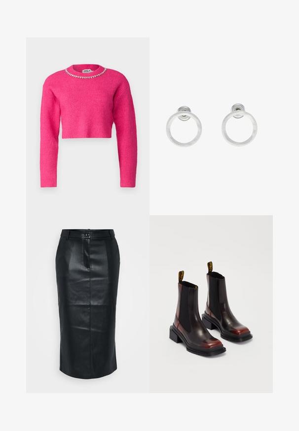 Roza rebrasta pletena kratka jopica z dolgimi rokavi, ki ima dekorativen ovratnik okrašen z diamanti. Mehka tekstura, sproščen dizajn.; Even&Odd Petite 2 PACK - Top - light grey/black; Črna usnjena svinčnik krilo z visokim pasom, zarezom na hrbtni strani, gladko teksturo in z enim gumbom za zapiranje. Ima prilagojen, tesno prilegajoč dizajn.; Dr. Martens MAYBOLE CHELSEA - Gležnjarji s platformo - black/cherry red; Srebrni kovinski obročasti uhani z brušenjem, s krožno obliko in prozornim zatičem za varno nošenje.