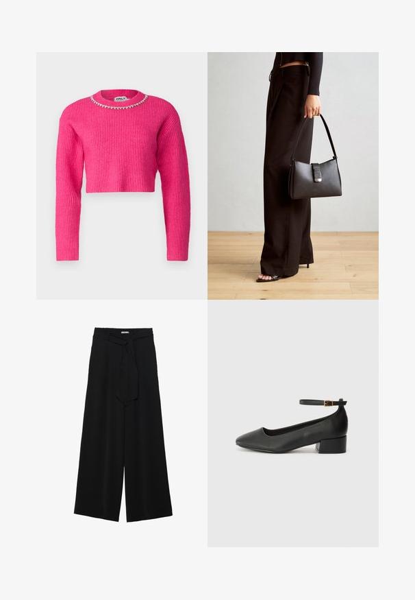 Rózsaszín, bordázott, rövidített pulóver hosszú ujjakkal, díszes, strasszkövekkel ékesített gallérral. Puha tapintás, laza fazon.; Fekete, bő szárú nadrág, texturált anyagból, rugalmas derékpánttal és levehető sállal a derekán, amely állítható illeszkedést biztosít.; Fekete bőr magassarkú cipő hegyes orral és alacsony tömb sarkal. Bokapánttal rendelkezik, aranyszínű csattal. Simább textúra.; Fekete kézi táska strukturált formával, sima textúrával és fémből készült záródással. Széles fekete nadrággal és nyitott orrú szandállal párosítva, fából készült padlón.
