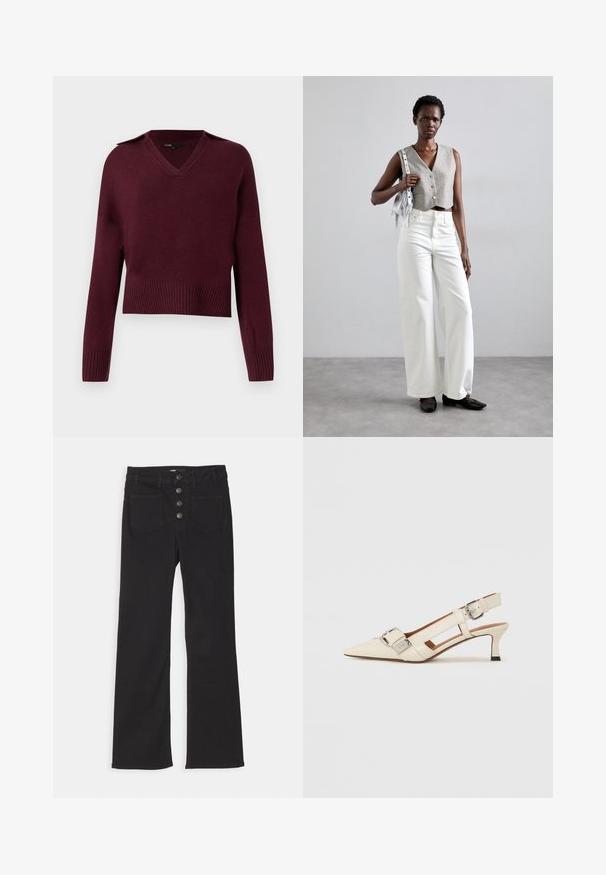Bordeaux gebreide trui met een V-hals, cropped lengte en geribbelde zoom. Heeft schouderaccenten en lange mouwen. Zachte textuur.; Zwarte denim flared jeans met een hoge taille, vijf zakken en een sluiting met een voorkant met vier metalen knopen.; Witte leren slingback schoen met een spitse neus, kleine hak en verstelbare band met een opvallende zilveren gesp.; Grijs gecropped vest met knopen, gecombineerd met witte wijde jeans en zwarte platte schoenen. Geaccentueerd met een kleine zilveren franjen tas.