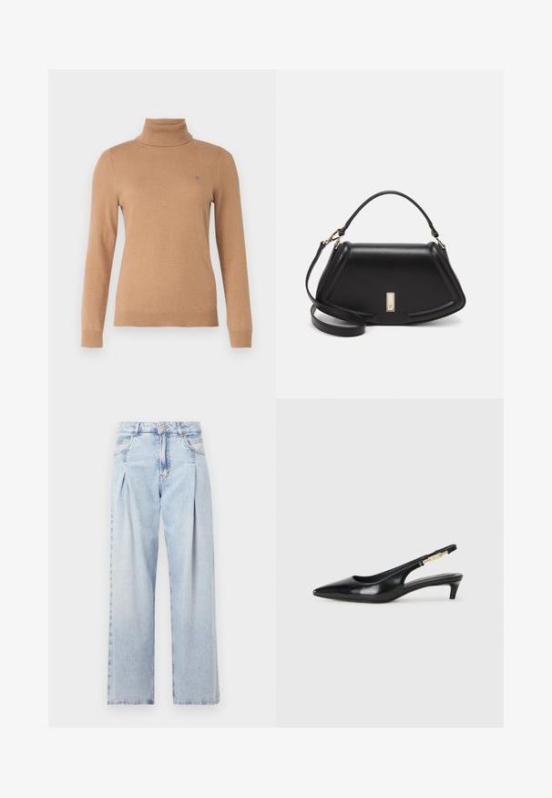 Beige garbó pulóver hosszú ujjakkal és kicsi hímzett logóval a bal mellen, sima háttérrel.; Világoskék farmernadrág magas derekú, bő szabású, két oldalsó zsebbel és pliszírozott dizájnnal. Puha tapintású, elhalványított felület.; Fekete bőr slingback magassarkúk, hegyes orral, vékony sarkakkal és arany színű részlettel a állítható pánton. Simа felület.; Fekete bőr kézitáska, strukturált dizájnnal, rövidített formával, felső fogantyúval és arany színű kiegészítőkkel. Állítható vállpánt is tartozik hozzá.