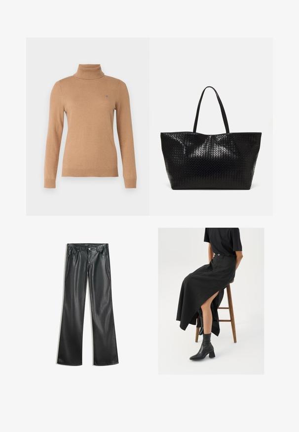 Beige Rollkragenpullover mit langen Ärmeln und kleinem gesticktem Logo auf der linken Brust vor einem schlichten Hintergrund.; Schwarze Kunstleder-Hose mit weitem Bein, glatter Textur, Fünf-Taschen-Design, Frontreißverschluss und kontrastierenden Nähten.; Schwarzer Leinen-Maxi-Rock mit hohem Schlitz, getragen mit einem schwarzen T-Shirt und schwarzen Knöchelstiefeln. Minimalistisches Design mit lockerer Passform.; Schwarze geflochtene Tragetasche mit zwei stabilen Griffen, die eine glänzende Textur und ein geräumiges offenes Design bietet.
