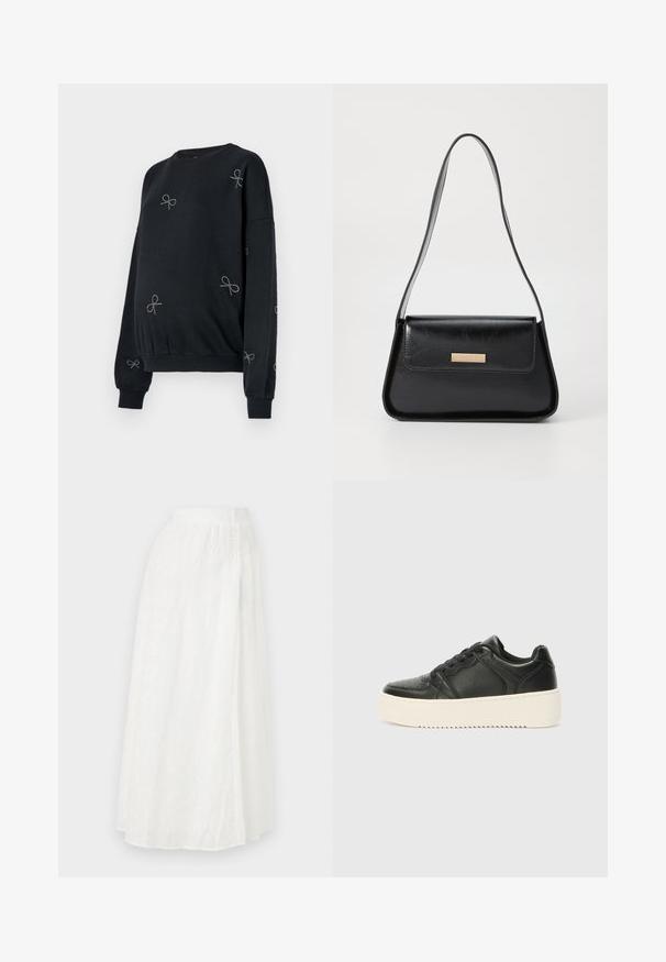 Zwarte sweatshirt met geribde manchetten en zoom. Heeft zilveren strikpatronen gemaakt van kleine studs die gelijkmatig over de stof zijn verspreid.; Witte maxi rok met een elastische tailleband, voorzien van een gestructureerd bloemenpatroon en kantachtige uitsparingen door de stof.; Zwarte leren sneaker met een gladde textuur, dikke crème-kleurige zool, ronde neus en een klassieke vetersluiting. Subtiele stikseldetails.; Zwarte leren handtas met een gestructureerde driehoekige vorm, slanke schouderband en hardware in goudkleur met een logo plaatje op de voorflap.