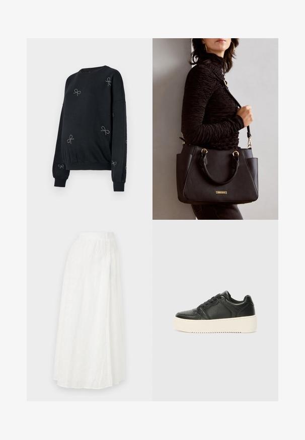 Svart sweatshirt med ribbade muddar och nederkant. Har silverfärgade rosmönster gjorda av små nitar jämnt fördelade över tyget.; Vit maxikjol med elastisk midjeband, med ett texturerat blommönster och spetsliknande utskärningar över hela tyget.; Svart lädersneaker med en slät yta, tjock creamfärgad sula, rund tå och klassisk snörningdesign. Diskreta sömdetaljer.; Svart handväska med texturerad yta, dubbla handtag upptill och justerbar axelrem. Utrustad med detaljer i guld och sidofickor.