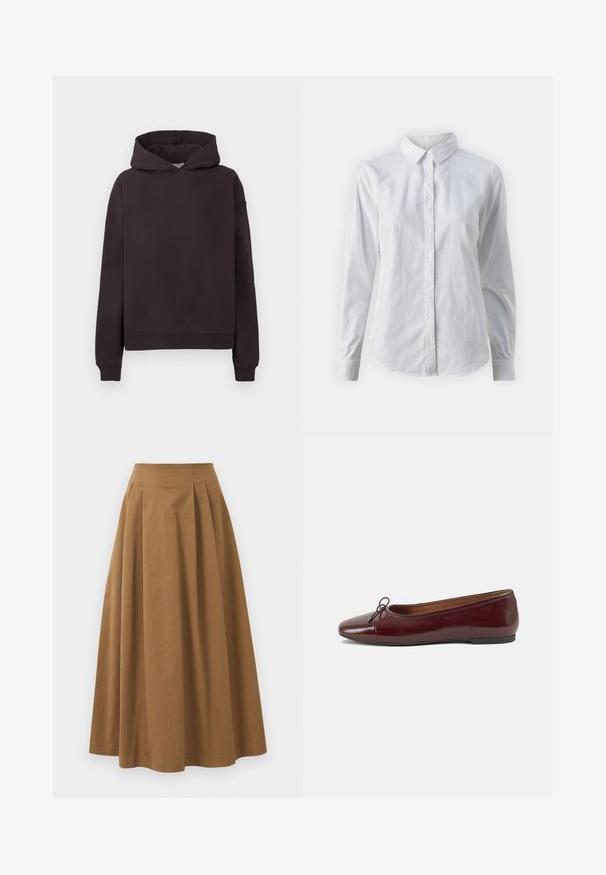 Hanorac maro închis cu buzunar frontal de tip kangaroo, mansete și tiv din material elastic, și logo "STUDIOS" în aceeași culoare pe piept. Material moale.; Cămașă albă cu nasturi, confecționată din bumbac neted, având un guler clasic, mâneci lungi și un tiv curbat. Nasturii sunt mici și albi.; Fustă A-line din bumbac maro, cu talie înaltă, având pliseuri pe față și o textură netedă. Marginile sunt finisate curat și simplu.; Balerini din piele patent burgund cu vârful rotund, accent de fundiță mică în față și talpă joasă din cauciuc negru. Textură netedă.