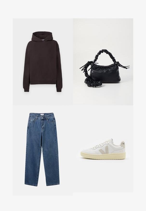 Tumši brūns kapuci krekls ar priekšējo kangaroo kabatu, ribotām piedurknēm un apakšmalu, kā arī "STUDIOS" logo atbilstošā krāsā uz krūtīm. Mīksta auduma.; Klasiskie zili džinsi ar taisnu kāju dizainu, pieciem kabatām un pogu aizdari. Iezīmējas ar vidēju mazgāšanu un izturīgu tekstūru.; Baltas ādas sporta apavu pāris ar bēšiem zamša akcentiem, caurumiņu purngalā, plakanu šņorēšanu un teksturētu krēmkrāsas zoli. Iezīmējas ar diskrētu zīmolu uz papēža.; Melnā mākslīgās ādas rokassoma ar krokodila rakstu, savilkta augšdaļa un saburzīta siksna. Izskatās mīksta un kompakta pēc dizaina.