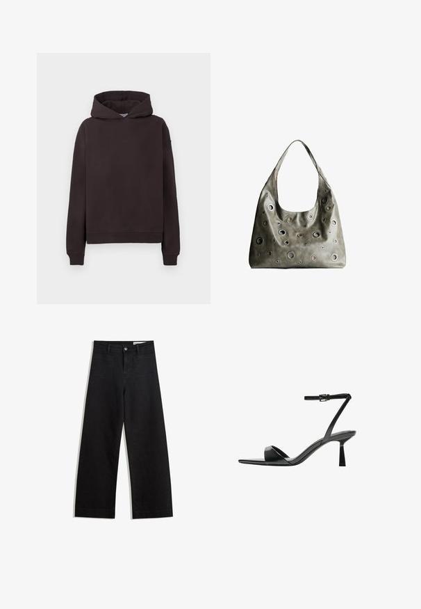 Temno rjava kapuca z sprednjim kengurujskim žepom, rebrastimi manšetami in robom ter logotipom "STUDIOS" v usklajeni barvi na prsih. Mehak material.; Črne široke denim hlače z visokim pasom, ki imajo sprednje in zadnje žepe, šivane šive ter gumbasto zapiranje. Gladka tekstura.; Bershka Sandali z visoko peto - black; Olivnozeleni usnjeni ročni torbici z ohlapno obliko, ki ima različne velikosti okroglih izrezov in poudarke v temnejših in svetlejših odtenkih.