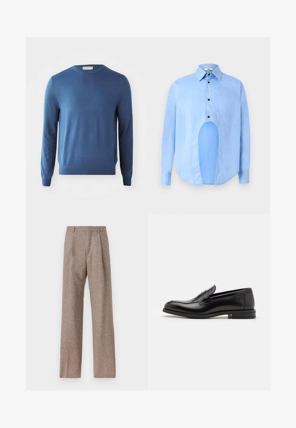 Blue, round-neck sweater made of soft fabric. Long sleeves and ribbed hem. Minimalist design with no visible patterns or hardware.; Light blue long-sleeve shirt with a pointed collar, black buttons, and a unique cutout in the front for distinctive design.; Brown, high-waisted trousers made of textured fabric. Features wide legs and two front pleats for structure. Neat finish with no visible hardware.; Black leather loafers with a smooth texture, rounded toe, and a decorative strap across the vamp. Low stacked heel, minimalist design.