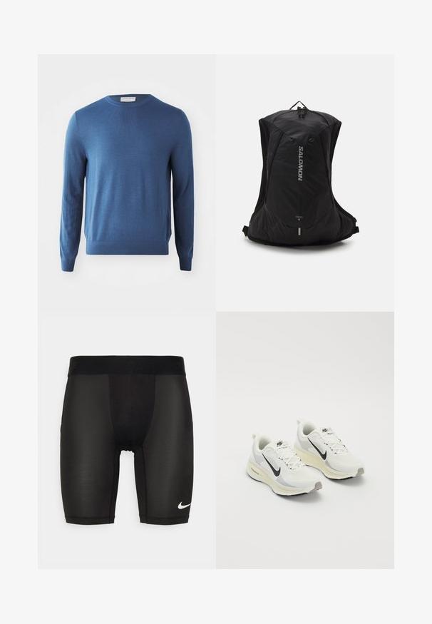 Mėlynas apvalios iškirptės megztinis, pagamintas iš švelnios medžiagos. Ilgos rankovės ir pintas apdaila. Minimalistinis dizainas be matomų raštų ar aksesuarų.; Juodi sportiniai šortai, pagaminti iš lygios, elastingos medžiagos. turi platų juosmenį su iškilniu logotipu ir mažą baltą logotipą ant kojos.; Bėgimo bateliai, pagaminti iš baltos, kvėpuojančios tinklelio medžiagos su šviesiai pilkais akcentais. Yra juoda swoosh logotipas ir šviesiai pilkas guminis padas.; Salomon CROSS 8 - Turistinė kuprinė - black