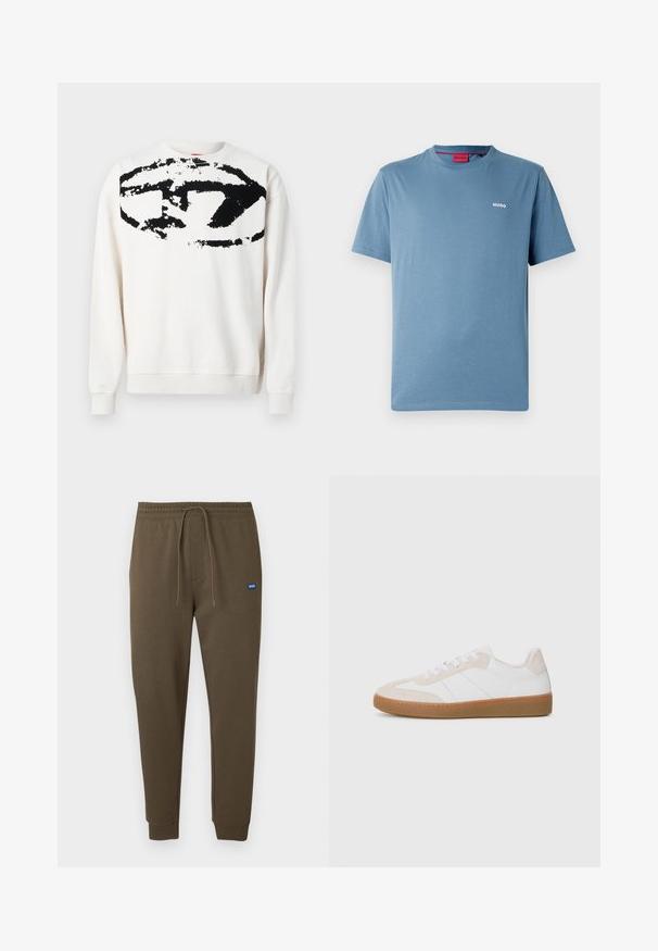 Hanorac alb din material moale, cu un design mare, abstract și negru pe partea din față, cu guler rotund și manșete rib.; Tricou albastru cu mâneci scurte și decolteu rotund, cu logo mic alb „HUGO” pe partea stângă a pieptului și etichetă roșie în interiorul gulerului.; Pantaloni sport verde măsliniu închis, cu talie elastică, șnur de ajustare, buzunare laterale și manșete striate. Mic patch cu logo albastru pe partea stângă.; Adidași albi și bej cu elemente din suede și piele. Au o talpă din cauciuc, un design cu șireturi și dungi laterale minimaliste.