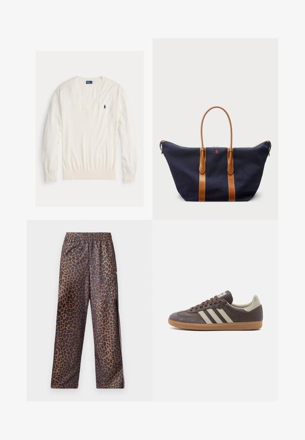 Pulover cu decolteu în V, de culoare crem, realizat dintr-un material moale. Mâneci lungi cu manșete și talie ribbed. Prezintă un mic logo brodat pe piept.; Pantaloni cu imprimeu de leopard, cu talie elastică. Confecționați dintr-un material lucios, având o bază maro cu pete negre și un design lejer.; Tenisi din piele maro cu trei dungi de culoare deschisă, talpă din cauciuc de tip gumă, vârf rotunjit și accente din suede texturat la călcâi și vârf.; Geantă duffel din pânză bleumarin cu curele din piele bej, închidere cu fermoar și un detaliu mic cu logo roșu în față, având un design larg și spațios.