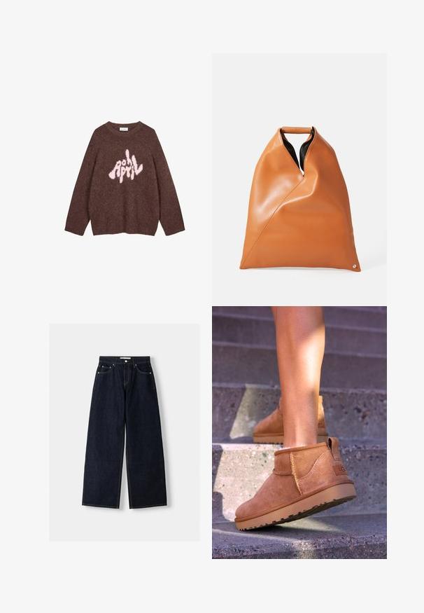 Brun fluffig sweatshirt med långa ärmar och rundad hals, med grafisk text i rosa "APRIL" i ett lekfullt, oregelbundet typsnitt över bröstet.; Mörkblå denim med vida ben och hög midja, fem fickor, kontrastsömmar och silverfärgad metalldetaljer. Slät textur och ren finish.; Tan mockasiner med en mjuk textur, sömnadsdetaljer och en gummisula, med en öglad häl för enkel påtagning.; Läderväska i tanfärg med triangulära veck, topphandtag och svart inredning mot en enkel vit bakgrund.