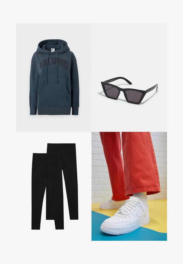Σκούρο μπλε φούτερ Nike με ευρύχωρη τσέπη καγκουρό, κορδόνια και κεντημένο λογότυπο "NIKE SPORTS" στο στήθος. Μαλακό υλικό.; Μαύρες κολάν φτιαγμένες από ελαστικό ύφασμα, με αόρατη μέση και κομψή εφαρμογή, κατάλληλες για καθημερινή χρήση ή άσκηση.; Λευκό δερμάτινο αθλητικό Παπούτσι με τρύπες στην μύτη, υφασμάτινη σόλα και λευκές κορδόνι, συνδυασμένο με φαρδιά κόκκινα παντελόνια και μπλε-κίτρινο φόντο.; Μαύρα, γωνιώδη γυαλιά ηλίου με γκρι φακούς; κατασκευασμένα από πλαστικό, με χοντρές βραχίονες με λεία επιφάνεια και χωρίς ορατό μηχανισμό.