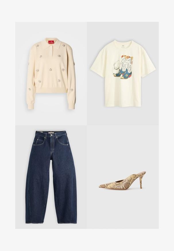 Kremasti pleteni pulover s polo ovratnikom, ukrašen srebrnim cvjetnim detaljima. Ima rebrastе manžetе i rub.; Bijela pamučna majica s grafikom cowboy čizama i šešira. Čizme su plave s žutim naglasima i bijelim detaljima.; Tamno plave traperice s širokim krojem, svijetlim šavovima, pet džepova i zatvaranjem na gumb na struku.; Cipele na visokom potpetici s otvorenom petom u teksturiranom uzorku zmijske kože u bež i smeškastim tonovima; imaju potpeticu stiletto i izrezane strane.