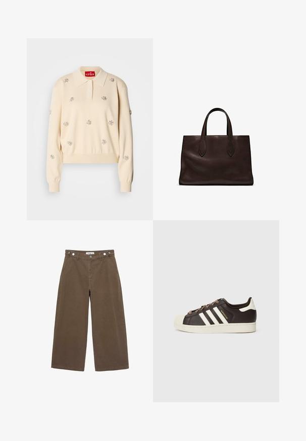 Crème-kleurige gebreide trui met een polo-kraag, versierd met zilveren bloemenversieringen. Heeft ribgebreide manchetten en onderrand.; Bruine wijde pantalon gemaakt van een duurzame stof. Beschikt over twee vo pockets, een knoopsluiting en een relaxte pasvorm met een zachte textuur.; Low-top Adidas Superstar sneaker in donkerbruin leer met crème shell-toe, witte strepen en de tekst "Superstar" aan de zijkant.; Bruine leren tote bag met twee verlengde handvatten, gestructureerde rechthoekige vorm, gladde textuur en subtiele stiksels.