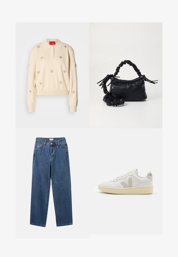 Crèmefarbener Strickpullover mit Polokragen, verziert mit silbernen floralen Verzierungen. Hat gerippte Bündchen und Saum.; Klassische blaue Denim-Jeans mit geradem Bein, fünf Taschen und Knopfverschluss. Sie verfügen über eine mittelblau gewaschene Optik und sind aus robuster Textur.; Weiße Ledersneaker mit beigen Wildlederakzenten, perforierte Zehenbox, flache Schnürsenkel und eine strukturierte cremefarbene Sohle. Mit dezentem Branding an der Ferse.; Schwarze Handtasche aus Kunstleder mit Krokodilstruktur, gerafftem oberen Teil und einem geschoppten Tragegurt. Sie wirkt weich und kompakt im Design.