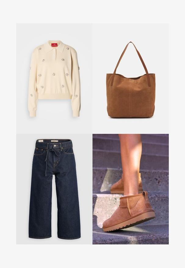 Cremefarvet strikket sweater med polo krave, dekoreret med sølvfarvede blomsterudsmykninger. Har ribbede manchetter og kant.; Mørkeblå vide denimjeans med elastisk talje og snor, forlommer og kontrasterende orange syninger.; Tan ruskind ankelstøvler med en blød tekstur, stikninger og en gummisål, der har en løkkehælkappe for nem på- og aftagning.; Brun ruskinds tote bag med to lange håndtag, der har en glat tekstur, enkelt design og ingen synlige metaldele eller accenter.