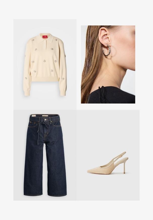 Maglione a maglia color crema con colletto a polo, decorato con inserti floreali argentati. Presenta polsini e orlo a coste.; Jeans in denim blu scuro a gamba larga con coulisse in vita, tasche frontali e dettagli di cucitura arancione a contrasto.; Décolleté beige con cinturino alla caviglia, punta affusolata, realizzate in materiale texture, dotate di tacco sottile e cinturino regolabile.; Orecchino a cerchio in argento con finitura lucida, caratterizzato da piccoli dettagli in oro e una forma tondeggiante, indossato sul lobo.