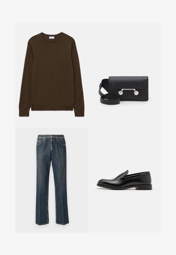 Barna, hosszú ujjú, környakú pulóver ribbelt mandzsettákkal és alsó szegéllyel, Filippa K címkével, fehér háttéren lefektetve.; Sötétkék egyenes szárú farmernadrág elülső gombbal, cipzáros behúzással, dupla elülső zsebekkel és lábszárakon látható függőleges ráncokkal.; Fekete bőr loaferek sima textúrával, kerek orral és dekoratív pánttal a vampnál. Alacsony, rétegelt sarkú, minimalista dizájn.; Fekete bőr keresztpántos táska hajtókával, ezüst színű kiegészítőkkel és két kerek díszítéssel. Levehető pánttal rendelkezik. Simább textúrájú.