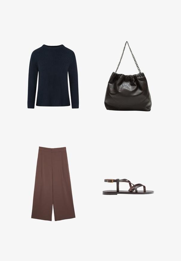 Námořnický pletený svetr s kulatým výstřihem, strukturou s riby, dlouhými rukávy a uvolněným střihem. Bez viditelných vzorů nebo akcentů.; Hnědé široké kalhoty s hladkou texturou, vysokým pasem a předními záhyby. Materiál je lehký a volně splývá.; Hnědé kožené sandály s kříženými pásky, uzavřením na přezku u kotníku a plochou podrážkou s minimem švů.; Hnědá kožená taška se sbíraným vrškem a řetízkovým popruhem. Hladký povrch s lesklým finišem a jemným švem na bocích.