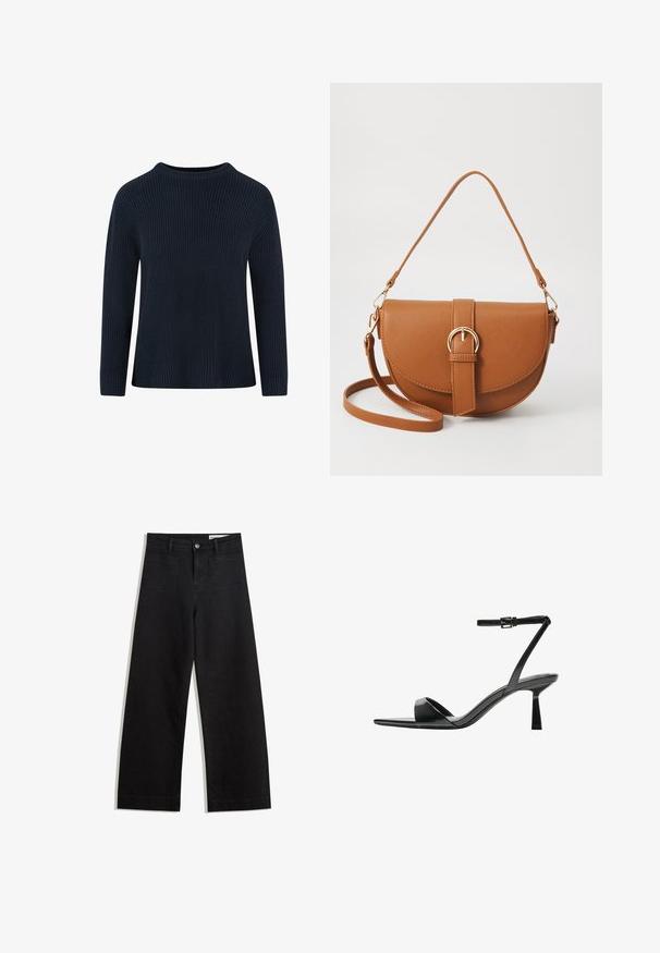 Marineblauer Strickpullover mit Rundhalsausschnitt, geripptem Muster, langen Ärmeln und lockerer Passform. Keine sichtbaren Muster oder Akzente.; Schwarze weit geschnittene Jeans mit hoher Taille, ausgestattet mit Vorder- und Hintertaschen, gesteppten Nähten und einem Knopfverschluss. Glatte Textur.; Bershka High Heel Sandalette - black; Braune Leder-Crossbody-Tasche mit geschwungener Form, goldfarbenen Beschlägen und einer Schnallenakzentuierung. Verfügt über einen abnehmbaren Schultergurt.