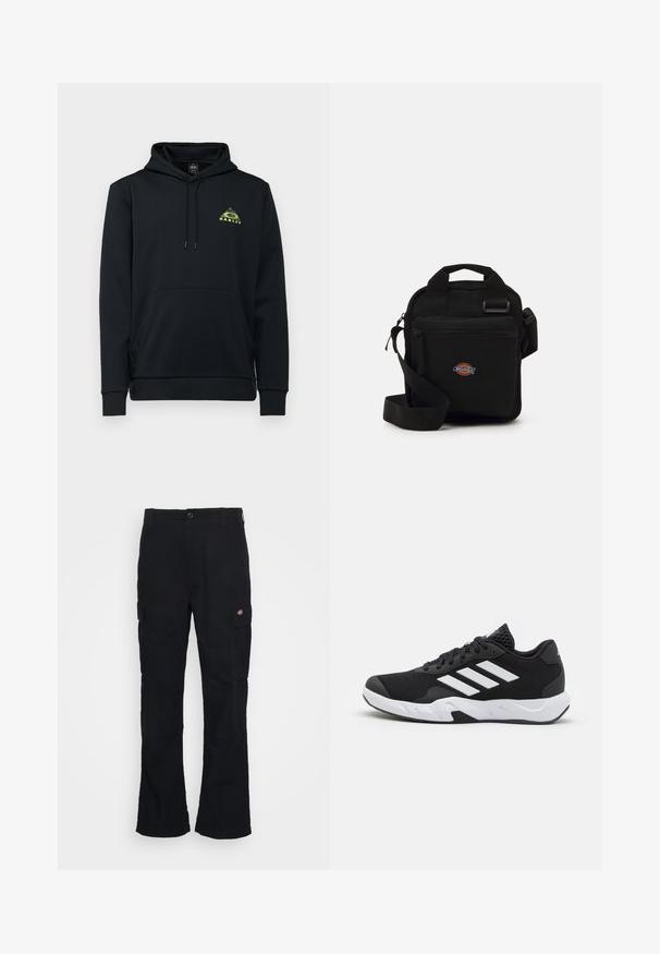 Oakley GRAPHIC PEAK HOODIE - Kapuutsiga pusa - blackout; Mustadest kottpükstest, mis on sirge lõikega, valmistatud vastupidavast kangast, küljetaskute ja vasakul küljel oleva logoga.; Mustad mustosportlikud jalanõud, millel on tekstuuriga võrkpealne, valged aksenttriibud, pehme tallaga ja tugevdatud konts toe jaoks.; Mustmust kott, millel on lukuga tasku, ristküliku kujuline, valmistatud kangast, esiküljel logotäht ja reguleeritav õlarihm.