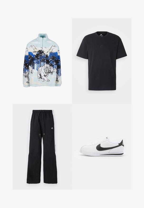 Tyrinė minkštas megztinis su aukštu apykakle, puošniu mėlynos ir baltos spalvų tigro raštu tarp palmų ir kalnų. Minkšta, puri tekstūra.; Juodas medvilninis Nike marškinėliai su klasikinėmis apykaklėmis, trumpomis rankovėmis ir subtiliu, įspaustu logotipu ant krūtinės. Sklandus tekstūra.; Juodi sportiniai kelnės su elastine juosta, baltomis šoninėmis juostelėmis, užtrauktukais ant apačios ir guminėmis logotipo detalėmis priekyje.; Baltos odinės sportinės bateliai su juodu Nike ženklų, plokščiomis raišteliais ir tekstūruotu guminiais padu. Suapvalintas pirštas ir paminkštintas apykaklė patogumui.