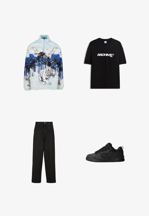 Pulover od flisa s visokim ovratnikom, s dizajnom plavog i bijelog tigra među palmama i planinama. Mekana, plišana tekstura.; Crna pamučna majica s bijelim 'ARCHIVE inc.' logotipom preko prsa, kratkim rukavima i okruglim izrezom.; Crne široke hlače od pamuka s glatkom teksturom, s dva prednja džepa, kopčanjem na dugme i ravnim krojem.; Crne tenisice s teksturiranim gornjim dijelom, sa vezicama, mrežastim detaljima za prozračnost, podstavljenim ovratnikom i čvrstim potplatima.