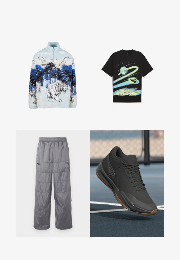 Tyrinė minkštas megztinis su aukštu apykakle, puošniu mėlynos ir baltos spalvų tigro raštu tarp palmų ir kalnų. Minkšta, puri tekstūra.; Juodas medvilninis marškinėlis su grafiniu dizainu, kuriame pavaizduoti planetos ir tekstas "NE IŠ ČIA" šviesiai mėlyna ir geltona spalvomis. Trumpomis rankovėmis.; Pilkos pūkų kelnės su elastingu juosmeniu, turinčios siuvinėjimo linijas ir mažą juodą logotipą kairėje šlaunyje. Lengvas audinys.; Juodas sportinis batelis su lygiu sintetine viršutine dalimi, tekstūruotais akcentais ir guma padanga, skirtas našumui ir komfortui.