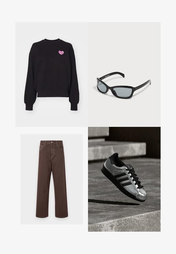 Carhartt WIP PRODUCTIONS - Sweatshirt - black; Brown wide-leg denim pants with contrasting stitching, five pockets, and a metal button closure. Smooth texture, straight cut.; Silver sneaker with a black rubber sole, black laces, and three black stripes. Features a metallic finish and classic shell toe design.; Black sunglasses with a sleek, angular design. Features grey lenses and shiny plastic frames. Includes small metal accents and branding on the arm.