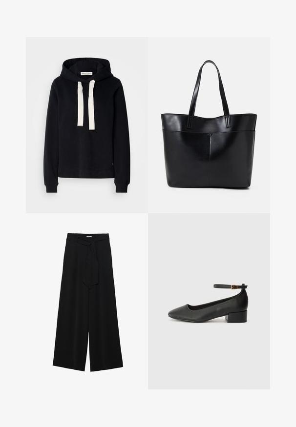 Sweatshirt preto com capuz, com um bolso canguru frontal, cordões brancos e punhos canelados. Apresenta um rótulo de logótipos perto da bainha.; Calças largas pretas com um tecido texturizado, uma cintura elástica e um laço destacável na cintura para um ajuste ajustável.; Sandal de pele preta com bico pontiagudo e um salto bloco baixo. Apresenta uma tira no tornozelo com uma fivela em tom dourado. Textura suave.; Bolsa tote preta em couro com duas alças longas, textura suave e forma estruturada. Apresenta um bolso frontal para armazenamento adicional.