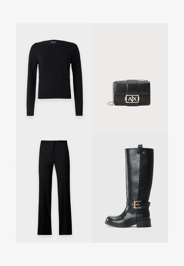 Schwarzer Strickpullover mit einem Diamantenmuster, langen Ärmeln, rundem Halsausschnitt und gerippten Bündchen und Saum. Hergestellt aus weichem, strukturiertem Material.; Schwarze gerade geschnittene Hosen aus glattem Stoff, mit flachem Bund, Gürtelschlaufen und ohne sichtbare Taschen oder Verzierungen.; Schwarze knöchelhohe Lederstiefel mit niedrigem Blockabsatz, dekorativem goldenen Schnallenriemen um den Knöchel und einer Zuglasche an der Oberseite.; Schwarze Lederhandtasche mit gestepptem Design, silberner Kettenriemen und einem auffälligen silbernen "AX"-Logo auf der Vorderseite. Kompakte rechteckige Form.
