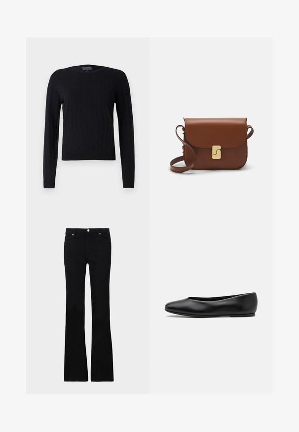 Czarny sweter dzianinowy z wzorem w romby, długie rękawy, okrągły dekolt oraz ściągacze u rękawów i u dołu. Wykonany z miękkiego, teksturowanego materiału.; Czarne dzwony z denimu, z dwoma przednimi kieszeniami, zapięciem na guzik i gładką fakturą. Widoczne charakterystyczne szycie na szwach.; Paul Smith TOPANGA czarny; Brązowa skórzana torebka na ramię z klapką, złotymi detalami, paskiem na ramię i gładką teksturą. Kompaktowy prostokątny kształt.