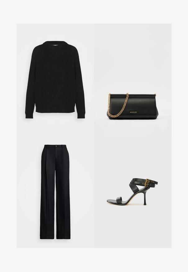 Black sweater made of soft fabric, featuring a round neckline, long sleeves, and ribbed cuffs and hem. Simple, unembellished design.; Black wide-leg trousers featuring a smooth finish, flat front, belt loops, and a single button closure at the waist.; Black heeled sandal with crossed straps and adjustable buckle. Features a smooth texture and tapered stiletto heel.; Black leather clutch bag with a gold chain strap, featuring a smooth texture, rectangular shape, and embossed branding on the front.