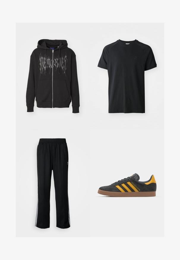 Musta vetoketjuhuppari, joka on valmistettu puuvillasekoitteesta. Sen etuosassa on suuri hopeinen graafinen teksti, kengurutasku ja nyörillinen huppu.; Musta puuvillapaita, jossa on pyöreä kaula-aukko, lyhyet hihat ja raglan-design. Vasemmassa rinnassa on teksturoitu logo. Tasainen pinta.; Mustat urheiluhousut, joissa on joustava vyötärö, valkoiset sivuraidat ja pieni logo. Materiaali näyttää pehmeältä ja kevyeltä.; Mustat samettiset tennarit, joissa on keltaisia yksityiskohtia, kolmonen raita ja ruskea kumipohja. Sisältää pehmustetun kielisen mukavuutta varten.