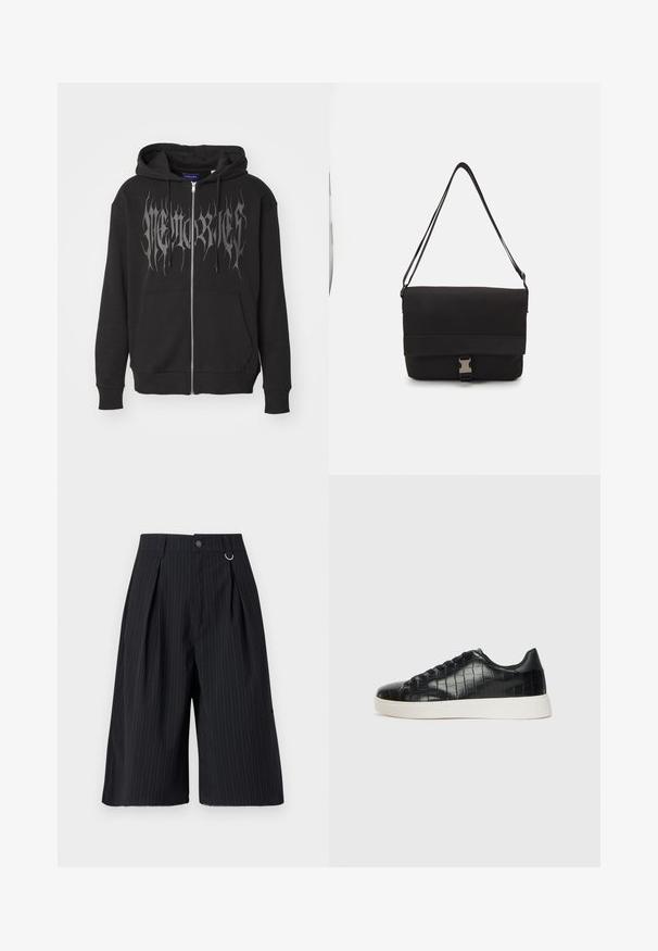 Black zip-up hoodie made of cotton blend. Features a large silver graphic text on the front, kangaroo pocket, and drawstring hood.; Black pinstripe shorts with pleats, a button closure, and a metal ring accent. Smooth fabric with a tailored fit and knee-length design.; Black sneakers featuring a textured croc-embossed leather upper, rounded toe, and a contrasting white rubber sole with a smooth finish.; Black messenger bag made of smooth material, featuring a fold-over flap, silver clasp hardware, and an adjustable shoulder strap.