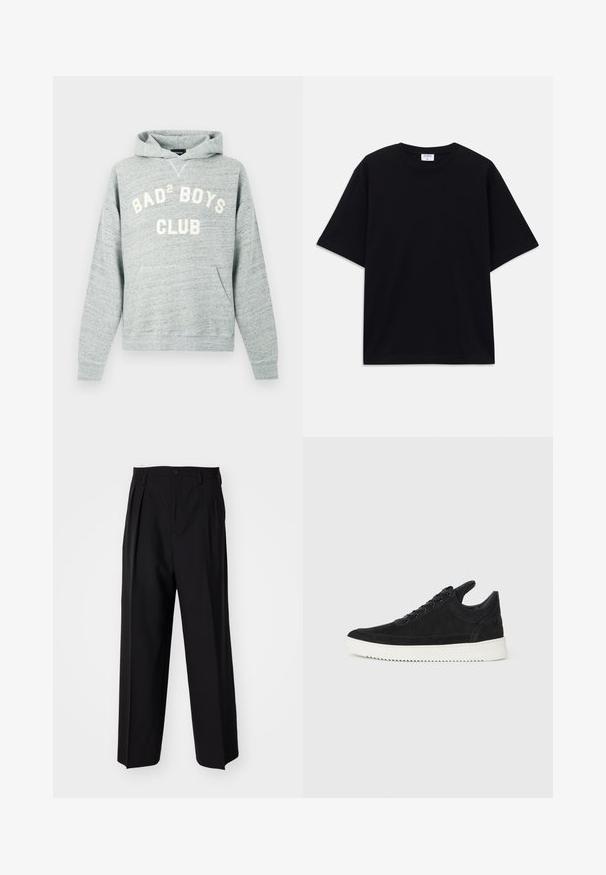 Lysegrå hættetrøje med frontlomme og hvid tekst "BAD² BOYS CLUB" på brystet.; Sort oversized T-shirt med korte ærmer og rund halsudskæring, med synlig Filippa K mærke indeni kraven.; Sorte plisserede bukser med et lige, bred ben-design. Fremstillet af glat stof, med en knaplukning og bæltesløjfer.; Sort ruskinds sneaker med en hvid gummisål, der har tonalt syet detalje og snørredesign. Glat tekstur med en moderne, strømlinet form.