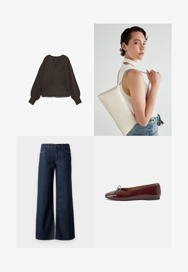 Brun, chunky strikket sweater med V-hals, brede ærmer og ribbet kant. Blød tekstur, kort design, velegnet til lag-på-lag.; Bredde ben jeans i mørkeblå denim. Har kontrastsyninger, fem lommer og en knaplukning i taljen. Glat tekstur.; Bordeaux patentlæder balletflad med rund tå, lille sløjfeaccent foran og en lav, sort gummisål. Glat tekstur.; Hvid rektangulær clutch-taske lavet af skinnende materiale, med en sølv kædetransport. Modellen poser, mens hun fremviser tasken mod en ensfarvet baggrund.