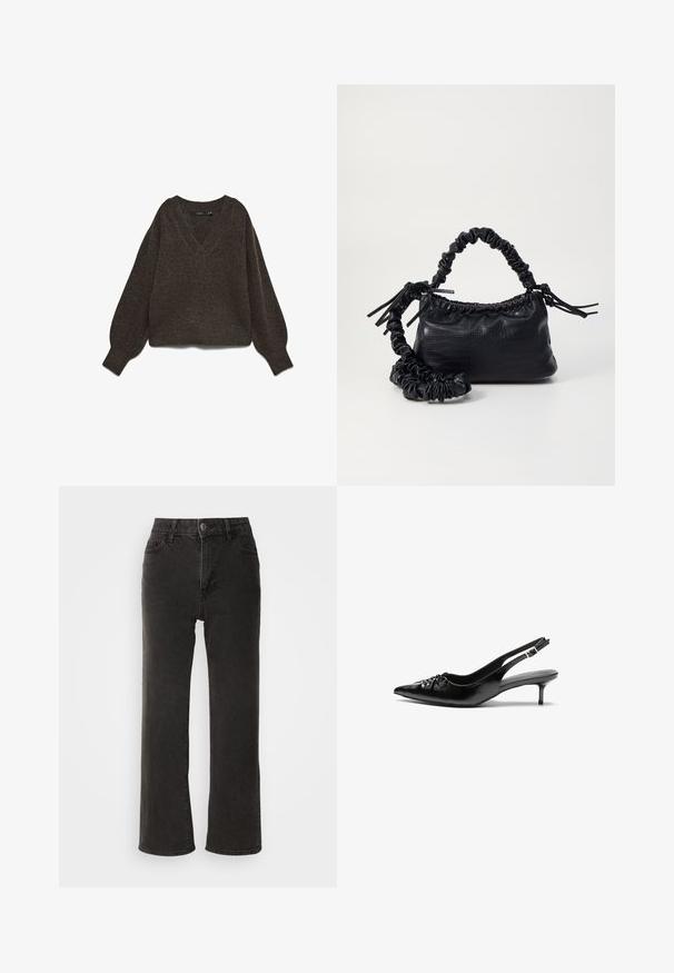 Maglione marrone lavorato a maglia grossa con scollo a V, maniche larghe e orlo a coste. Tessuto morbido, design corto, adatto per essere indossato a strati.; Jeans neri a gamba larga in denim, caratterizzati da una chiusura frontale con bottone, passanti per cintura e cinque tasche, con una texture leggermente sbiadita.; Tacchi slingback in pelle nera con punta affusolata, piccolo tacco kitten e un dettaglio a nodo decorativo sulla parte anteriore. Texture liscia su tutta la superficie.; Borsa a tracolla in ecopelle nera con texture a coccodrillo, apertura cinchata e tracolla arricciata. Si presenta con un design morbido e compatto.