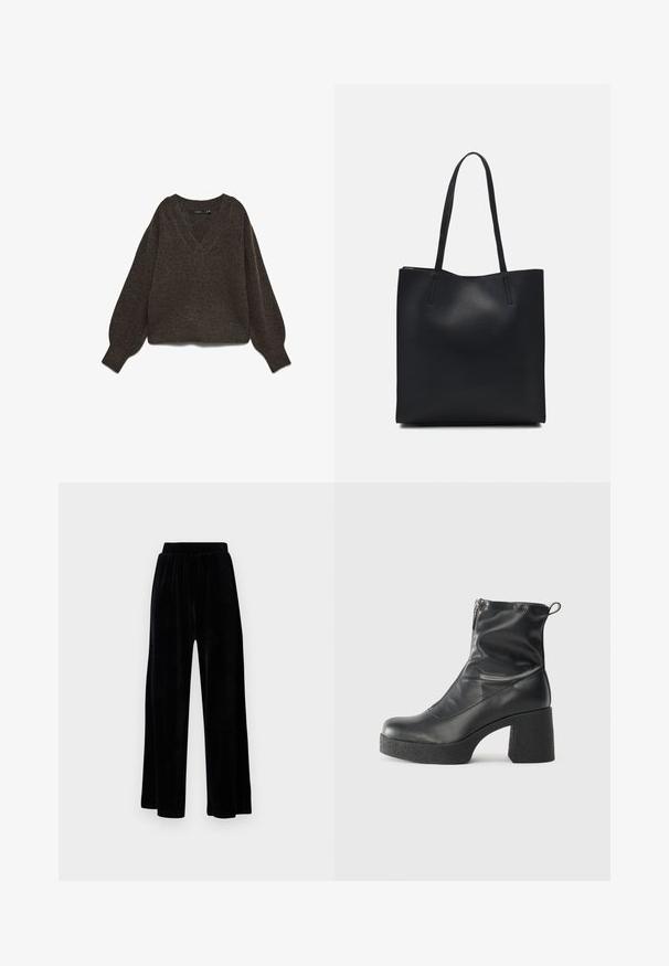 Maglione marrone lavorato a maglia grossa con scollo a V, maniche larghe e orlo a coste. Tessuto morbido, design corto, adatto per essere indossato a strati.; Pantaloni neri a gamba larga realizzati in morbido velluto, dotati di una cintura elastica e una superficie liscia, senza dettagli o motivi visibili.; Stivali neri alla caviglia in pelle liscia, con zip laterale, tacco spesso e texture, e punta arrotondata.; Borsa tote in pelle nera con texture liscia, forma rettangolare e due manici lunghi. Nessun hardware o decorazione visibile.