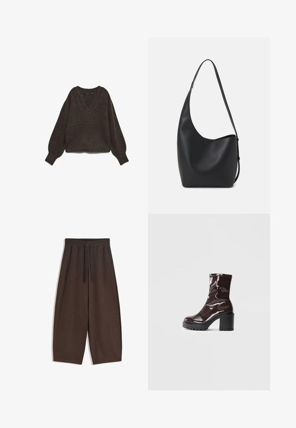 Bruine, grofgebreide trui met een V-hals, wijde mouwen en een geribde zoom. Zachte textuur, cropped ontwerp, geschikt om te combineren in laagjes.; Bruine broek met brede pijpen gemaakt van zacht materiaal, voorzien van een elastische tailleband en trekkoord, met een gladde textuur en een strak ontwerp.; Glanzende bordeauxrode enkelboot met een chunky zwarte hak, met een gladde textuur en een eenvoudig ontwerp. Geen zichtbare sluitingen of patronen.; Zwarte leren hobo tas met een gladde textuur, kromme vorm en een enkele verstelbare schouderband; heeft een brede opening aan de bovenkant.