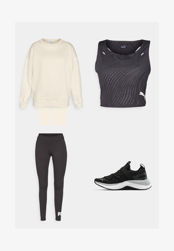 Felpa beige con collo rotondo classico, vestibilità ampia e polsini a coste. Presenta un piccolo logo Puma viola sul petto. Tessuto morbido.; Top atletico senza maniche di colore nero con un motivo a onde testurizzato, piccoli fori per traspirabilità e un logo a contrasto sull'orlo.; Leggings neri realizzati in tessuto elastico, con una cintura alta e un logo bianco stampato sulla parte inferiore della gamba sinistra. Texture liscia.; Scarpa sportiva nera con tomaia testurizzata, cinghie elastiche e una spessa suola intermedia bianca. Presenta un accento grigio lungo la suola.