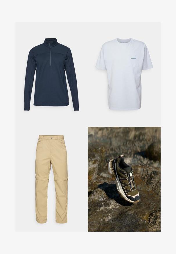 Tamno plavi dukserica dugih rukava s visokim ovratnikom i prednjim zipom do pola. Ima teksturirani materijal i kontrastne šavove.; Bjela pamučna majica s kratkim rukavima, okruglim izrezom i lijevim džepom na prsima s plavim "Patagonia" logom. Klasični kroj s glatkom teksturom.; Bež hlače s patentnim zatvaračem i glatkom teksturom, s dva bočna džepa, dugmetom za zatvaranje i preklopnim manžetama za svestranost.; Planinarska obuća u maslinasto zelenoj i crnoj boji s ružičastim akcentima. Ima teksturirani gornji dio, fleksibilnu podlogu, ojačan vrh i šareni sustav vezanja.