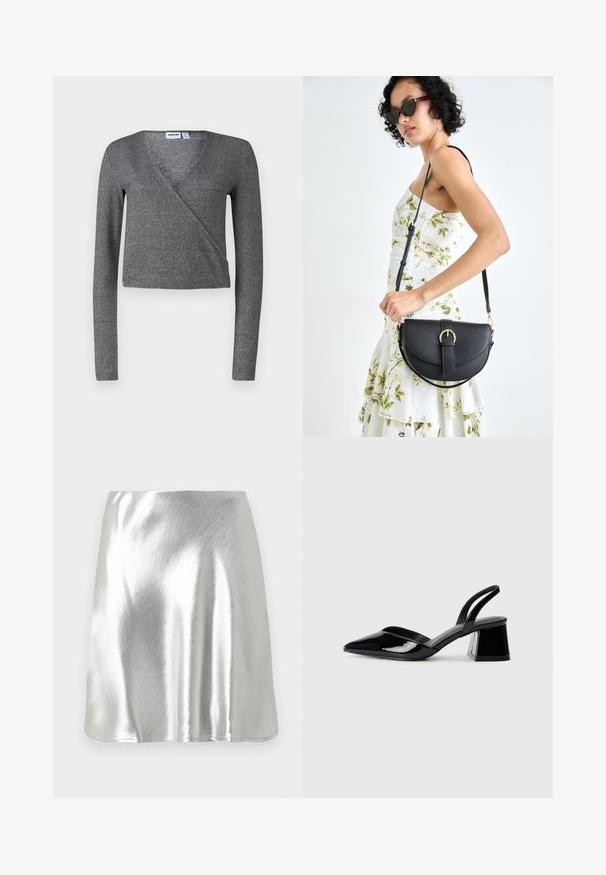 Top envolvente cinza de manga longa em tecido suave e texturizado. Apresenta um decote em V e um design cropped, criando uma silhueta ajustada.; Mini saia metálica prateada com textura suave e ligeiro brilho. Apresenta um design evasé e uma bainha simples e limpa.; Sandy em verniz preto com salto slingback, ponta afilada e salto geométrico. Apresenta um design elegante e minimalista com textura suave.; Bolsa de couro preta com forma curva, alça destacável e detalhes em dourado. A bolsa possui uma aba com detalhe de fivela.