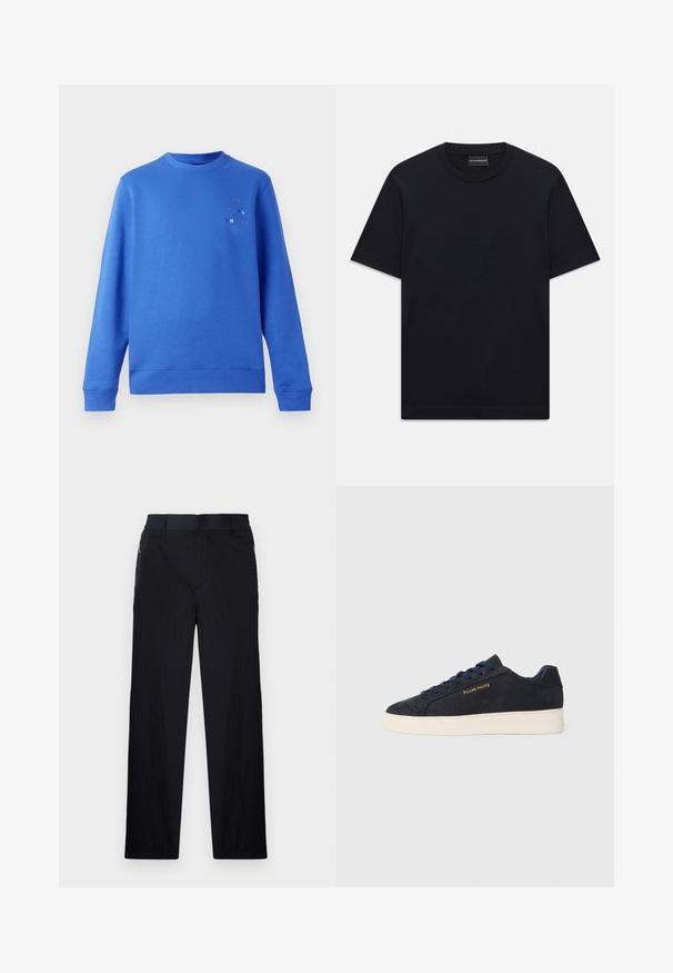 Blå hettegenser med rund hals, ribbestrikkede mansjetter og kant. Har et flerfarget "Paul Smith"-logo øverst til venstre. Glatt tekstur.; Svart kortermet T-skjorte med rund hals og subtil preget logo-design sentrert på brystet, samt et merke inne i halsen.; Sorte bukser med lett og teksturert stoff, rett ben-design, elastisk midjebånd og sidelommer med glidelås.; Marineblå ankelhøyde sneakers i semsket skinn med hvit såle, marineblå snøringer, og "Filling Pieces"-logo i gull på siden.